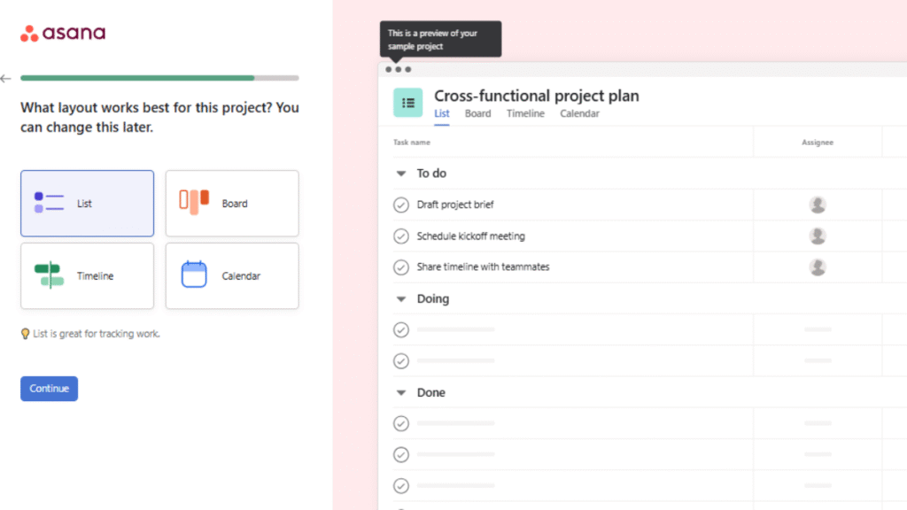 Choosing View in asana project management software