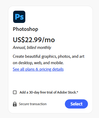 Photoshop Single App Pricing 