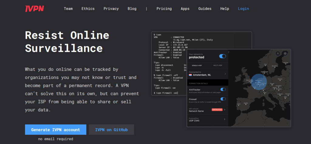 IVPN vpn provider dashboard
